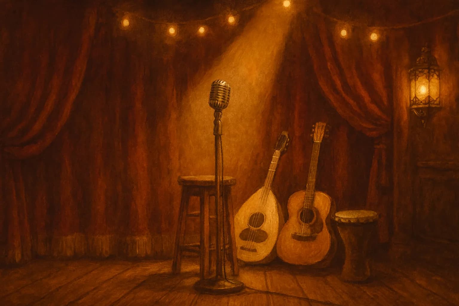 A painted stage with microphones, an oud, guitar, and darbuka