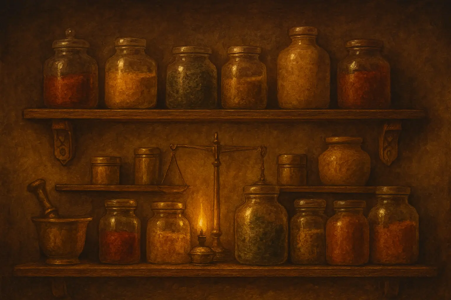 Painted apothecary spice wall: glass jars of sumac, saffron, dried molokhia and cumin on dark wooden shelves