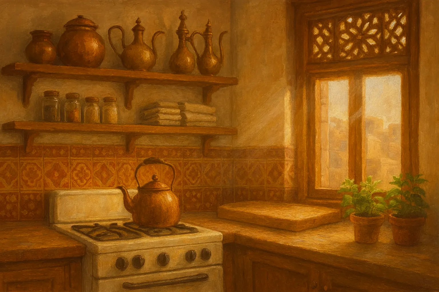 Teta Malika's sunny kitchen: a cream stove, copper pots, a carved window