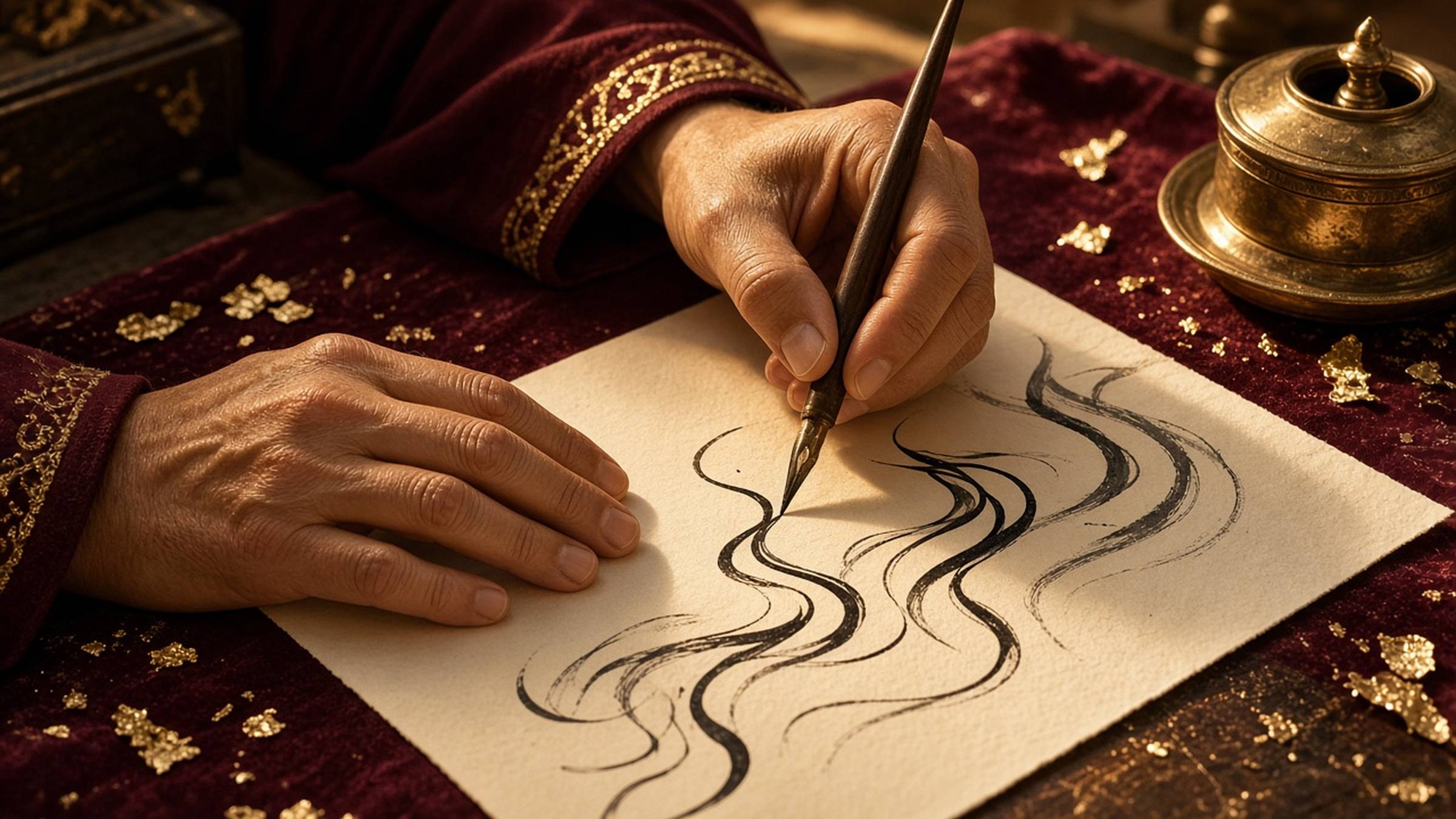 An adult calligrapher's hands drawing flowing ink strokes with a reed pen on cream paper beside a brass inkwell