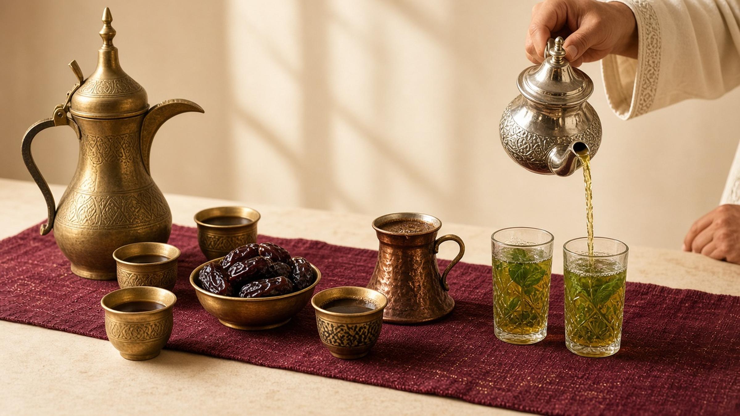 A brass dallah, small coffee cups, dates, a copper coffee pot and mint tea being poured into glasses on a burgundy runner