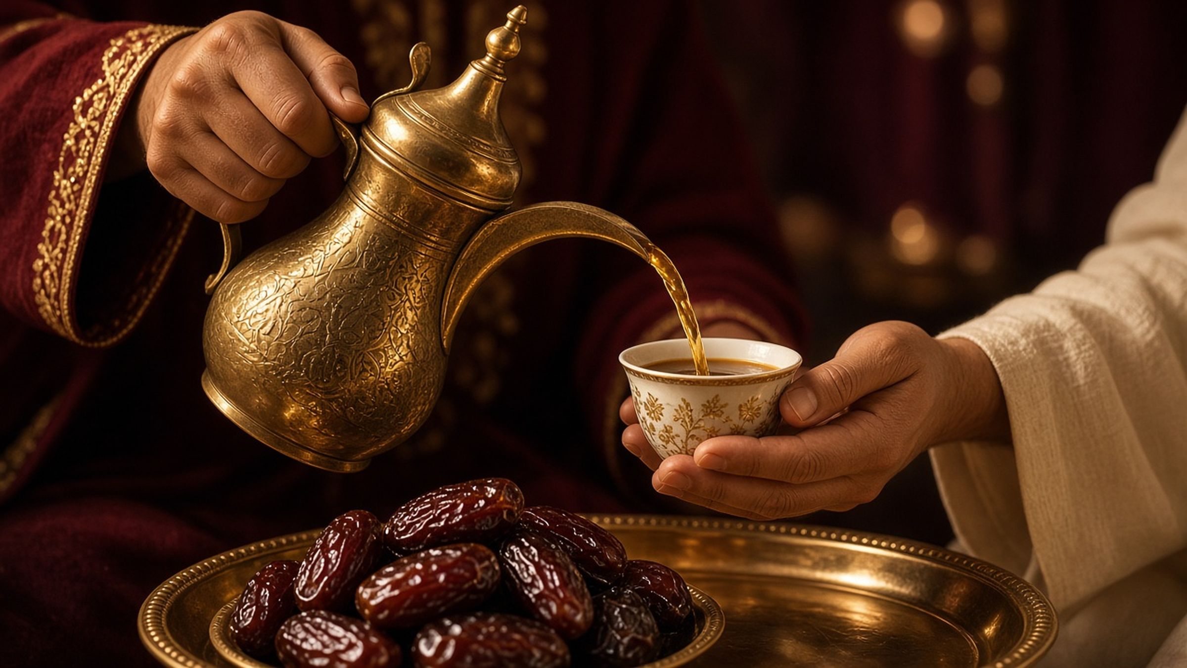 An older host pouring cardamom coffee from a brass dallah for adult guests in a sunlit majlis