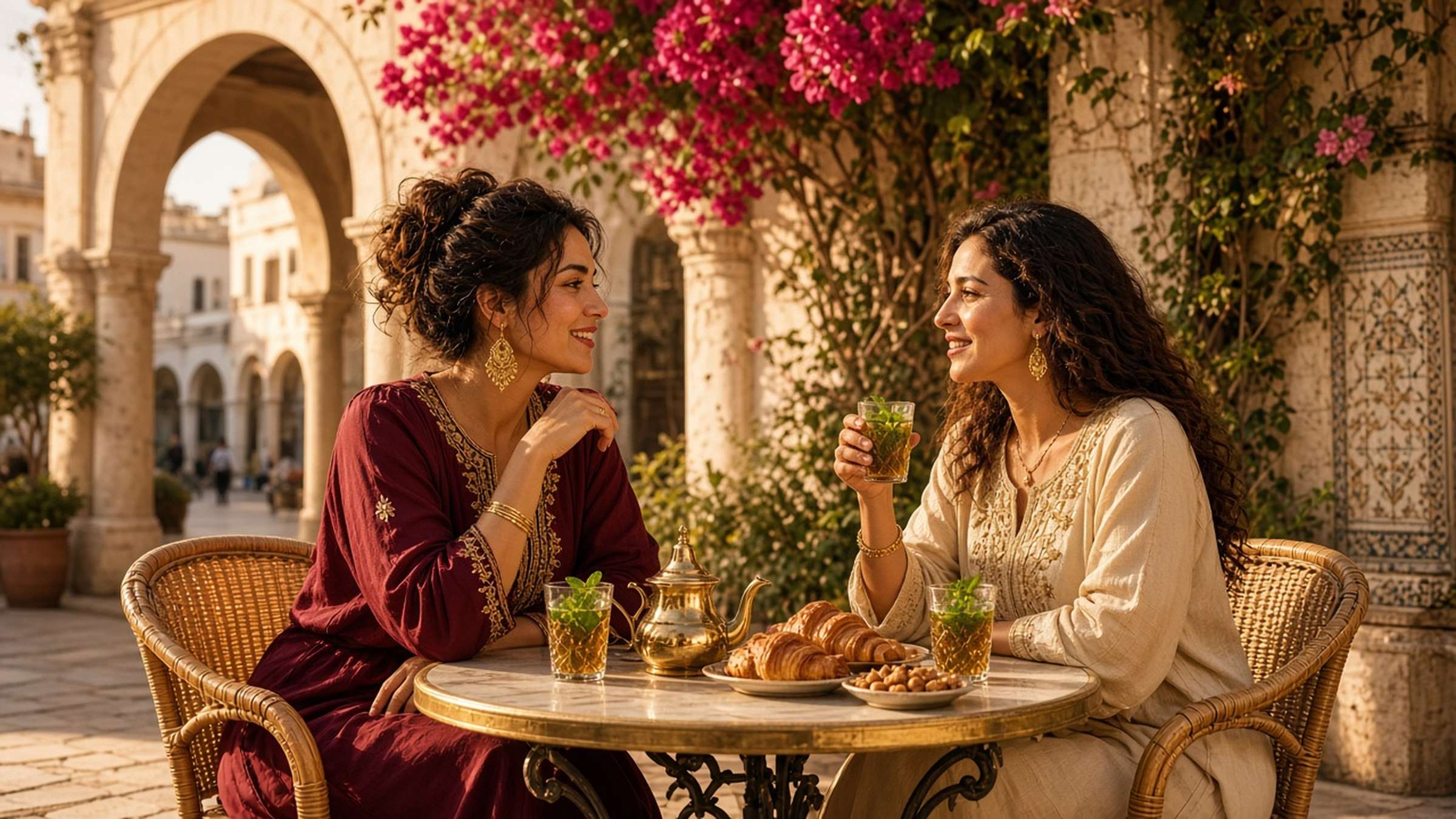 Two adult women chatting over mint tea and croissants at a sunlit café with arches and bougainvillea