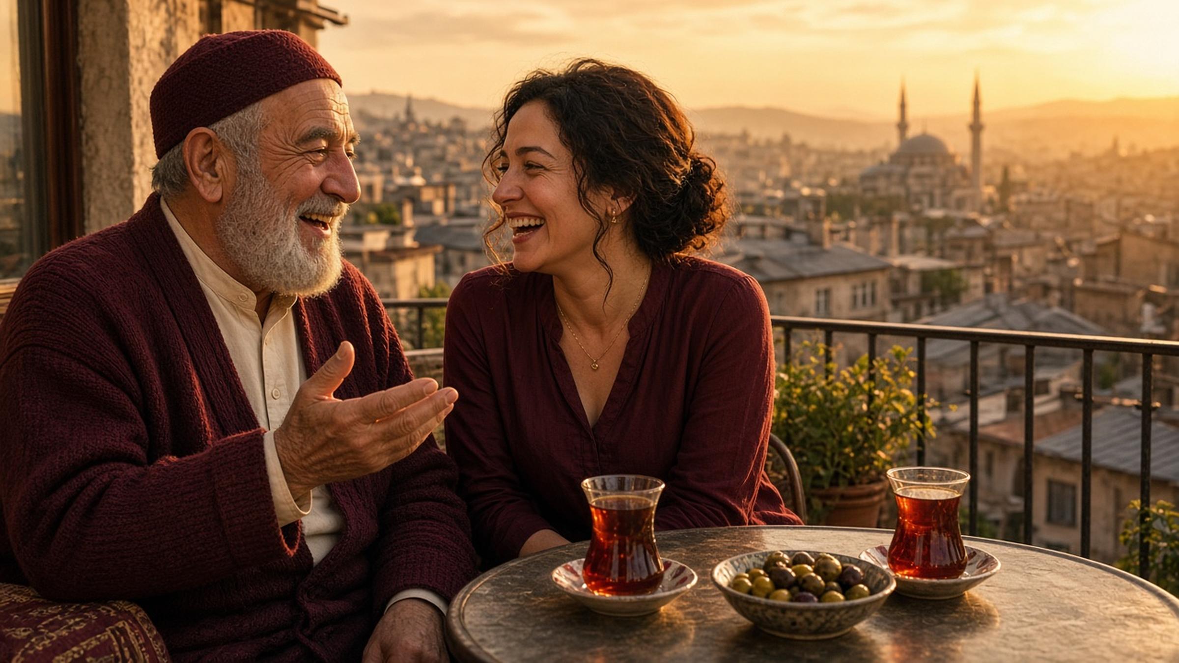 An older man and an adult woman laughing together over tea and olives on a balcony above old-city rooftops at sunset