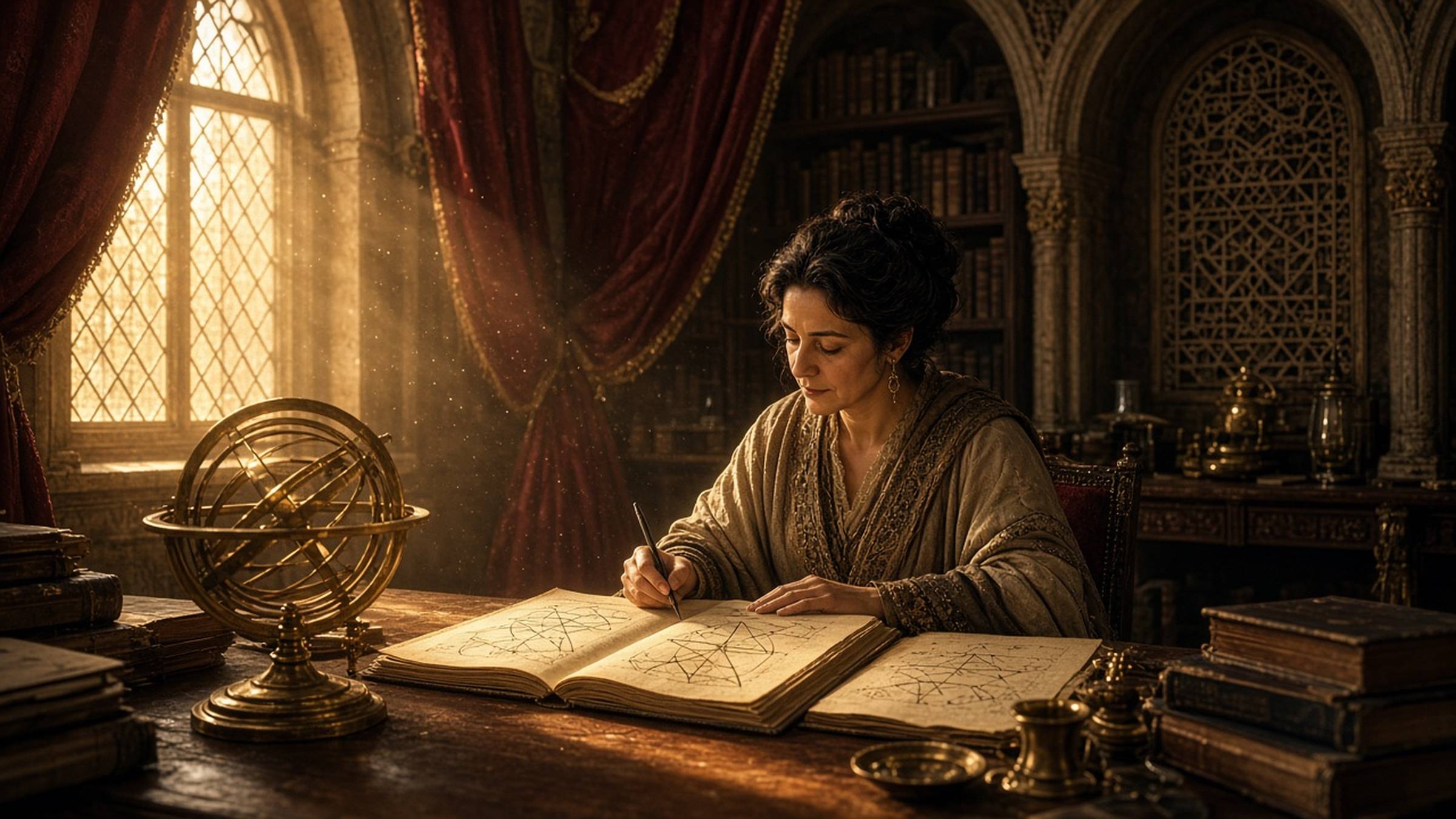 An adult scholar studying manuscripts with geometric diagrams beside a brass armillary sphere in a sunlit library