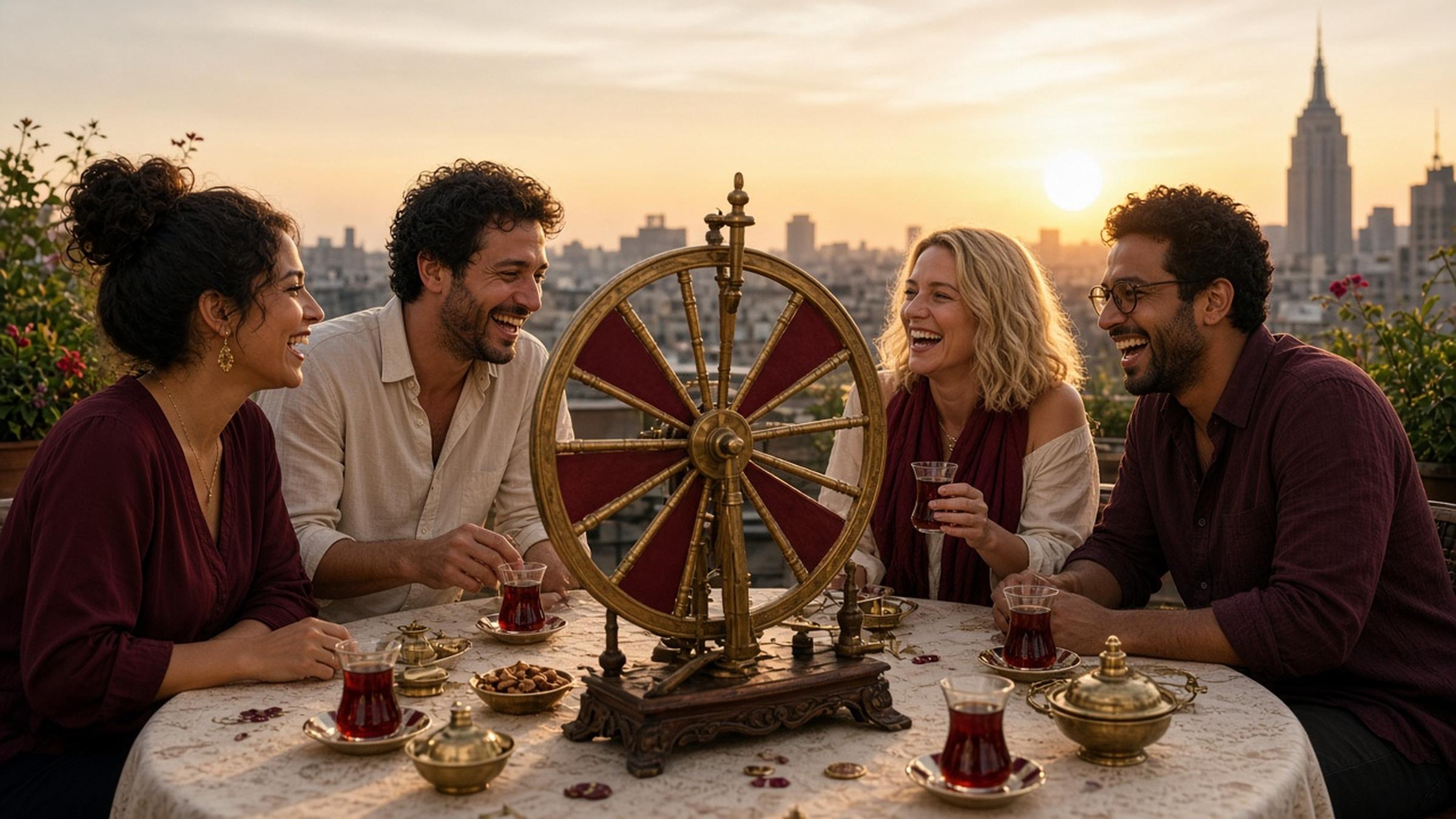 Laughing adult friends around a rooftop table at sunset with a brass trivia wheel and tea glasses