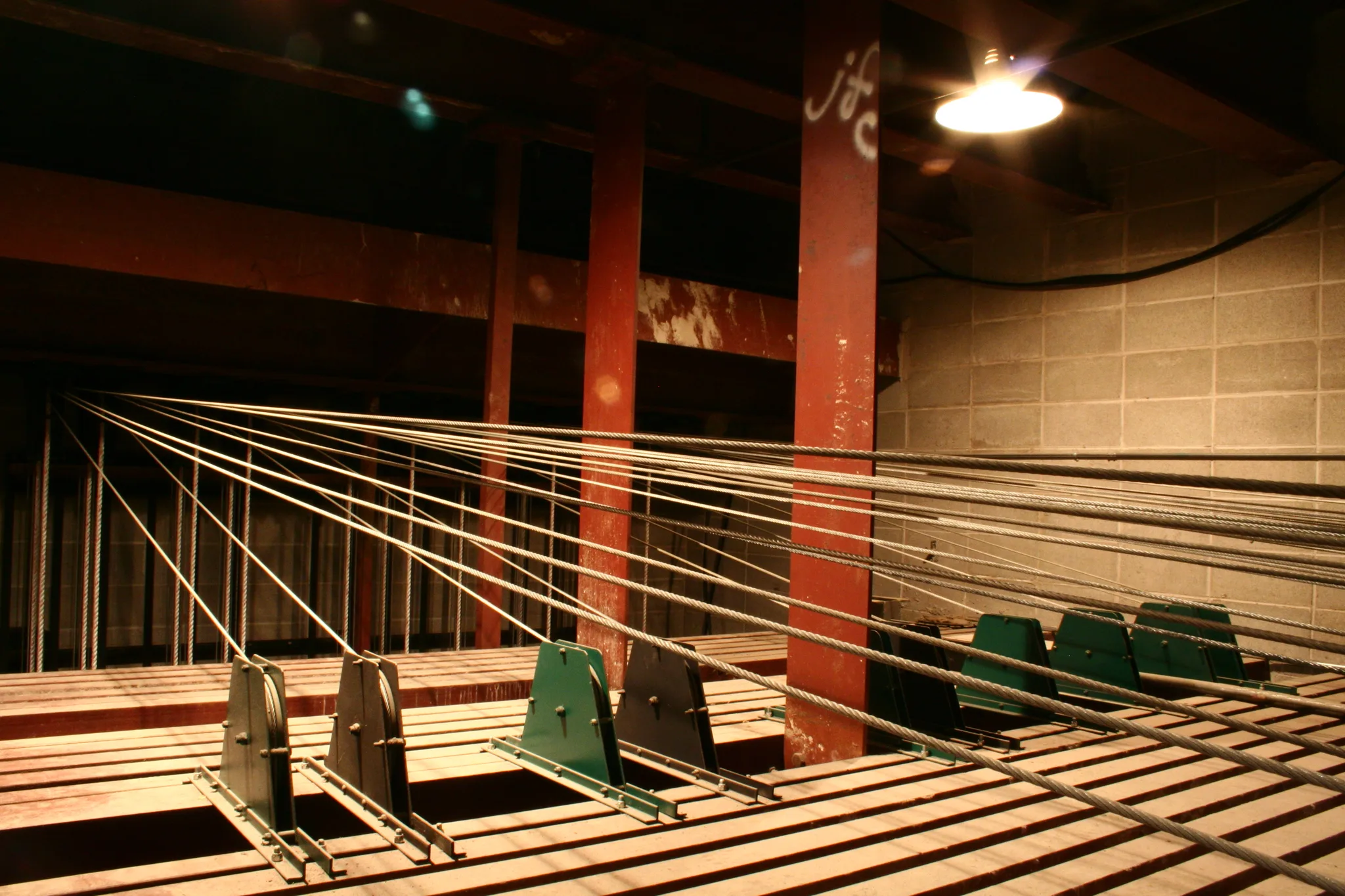 Real photo: Loft blocks above a real stage: every rope runs over one of these.