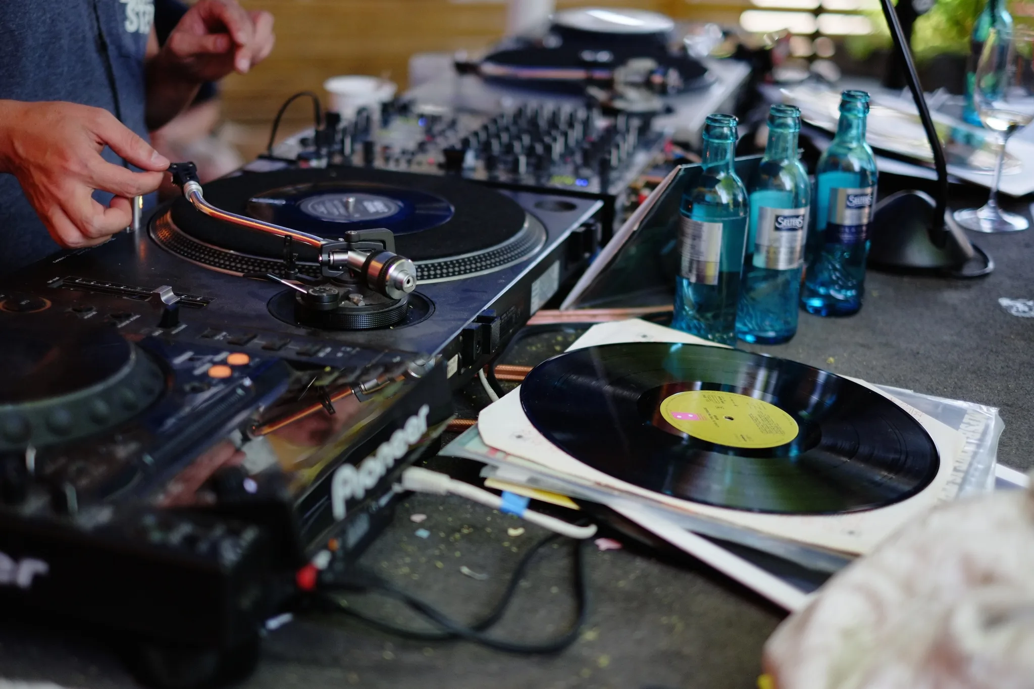 Real photo: Two turntables and a crate of vinyl: the instrument hip-hop was built on.