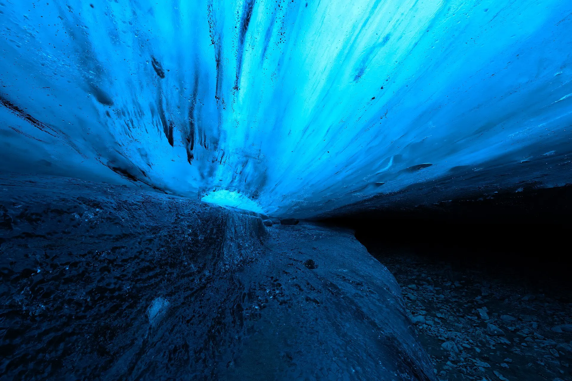 Real photo: Inside a blue ice cave in Iceland.