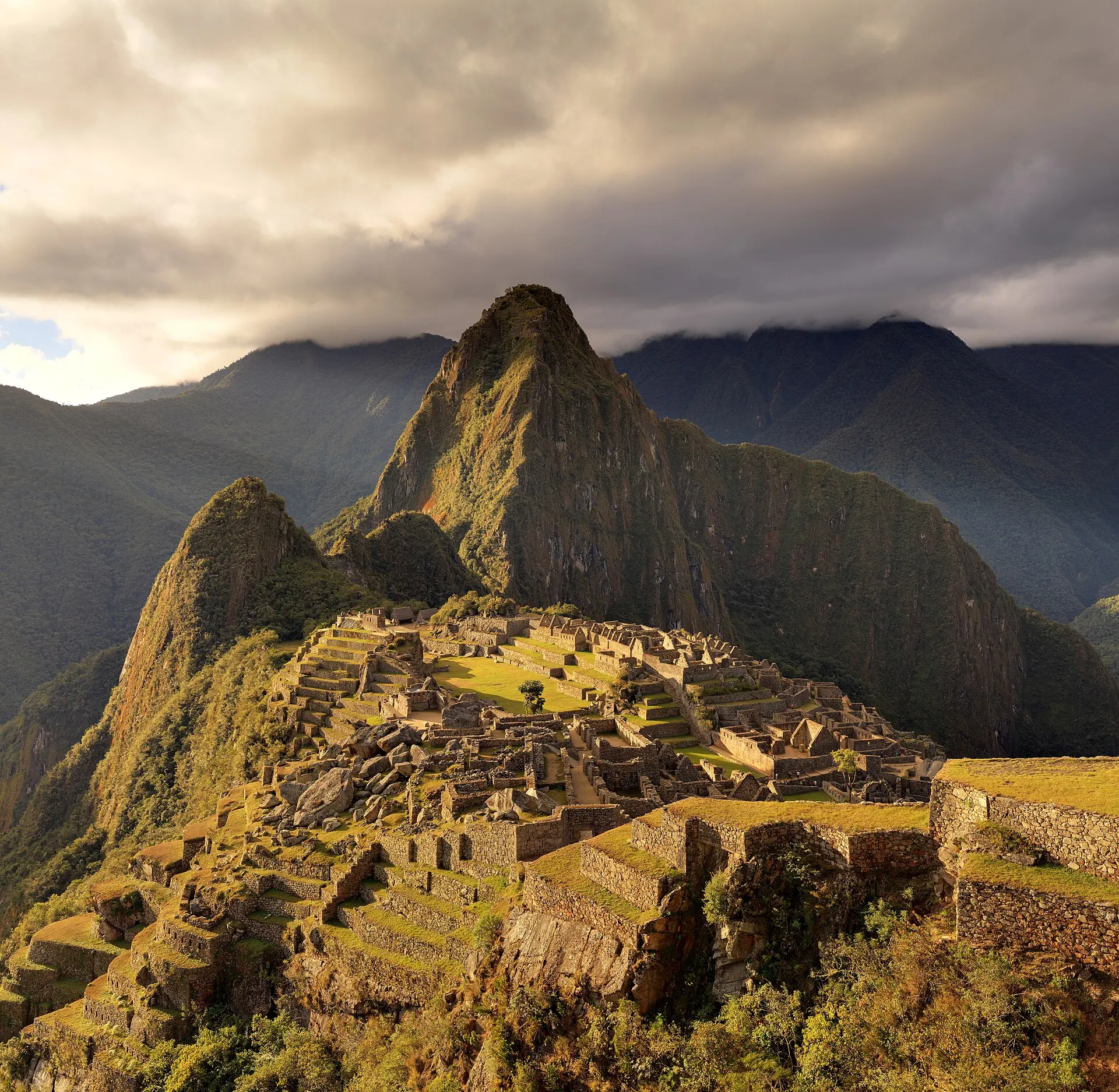 Real photo: Machu Picchu on its ridge with Huayna Picchu behind.