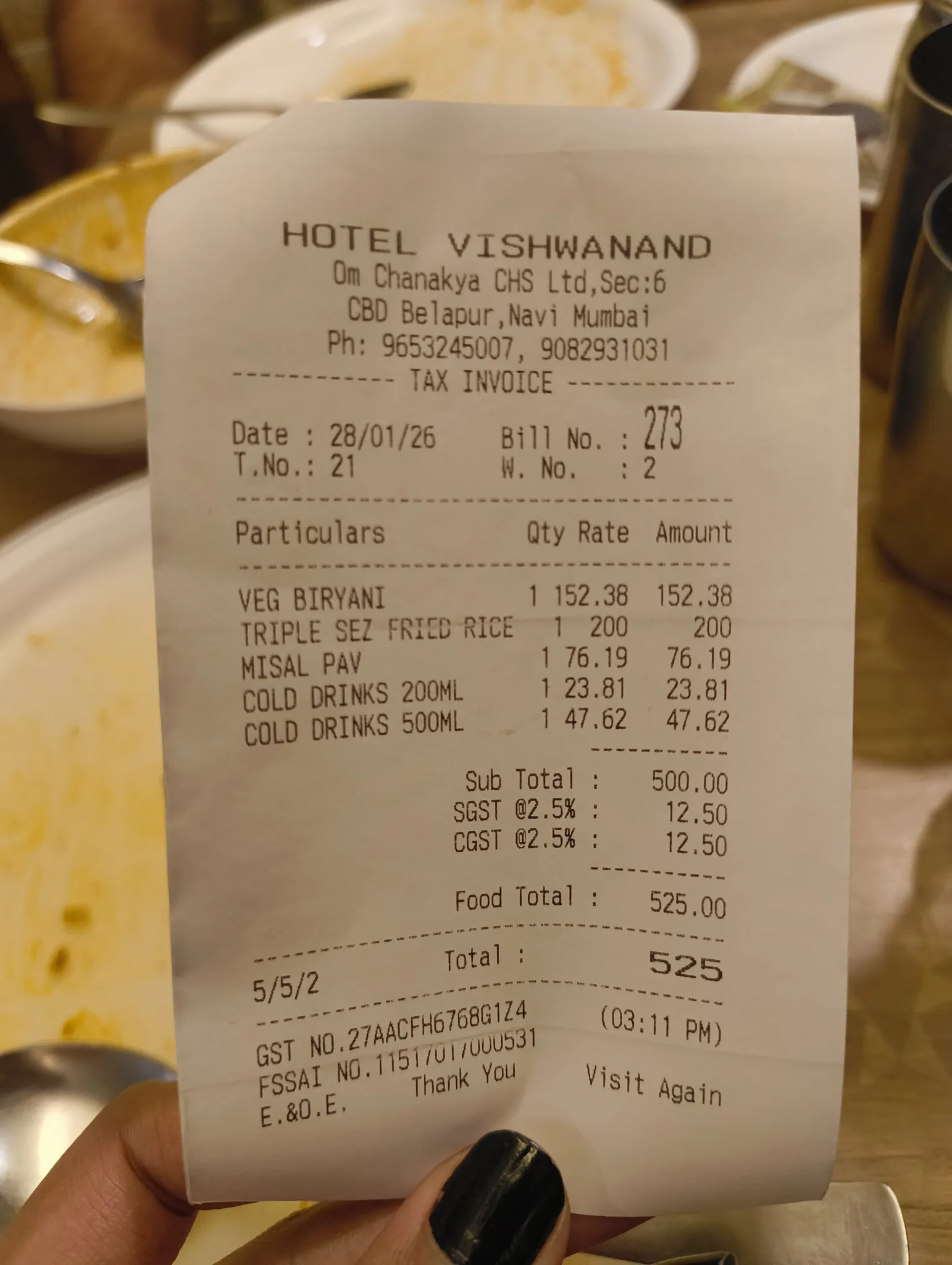 Real photo: A real restaurant bill, line by line.