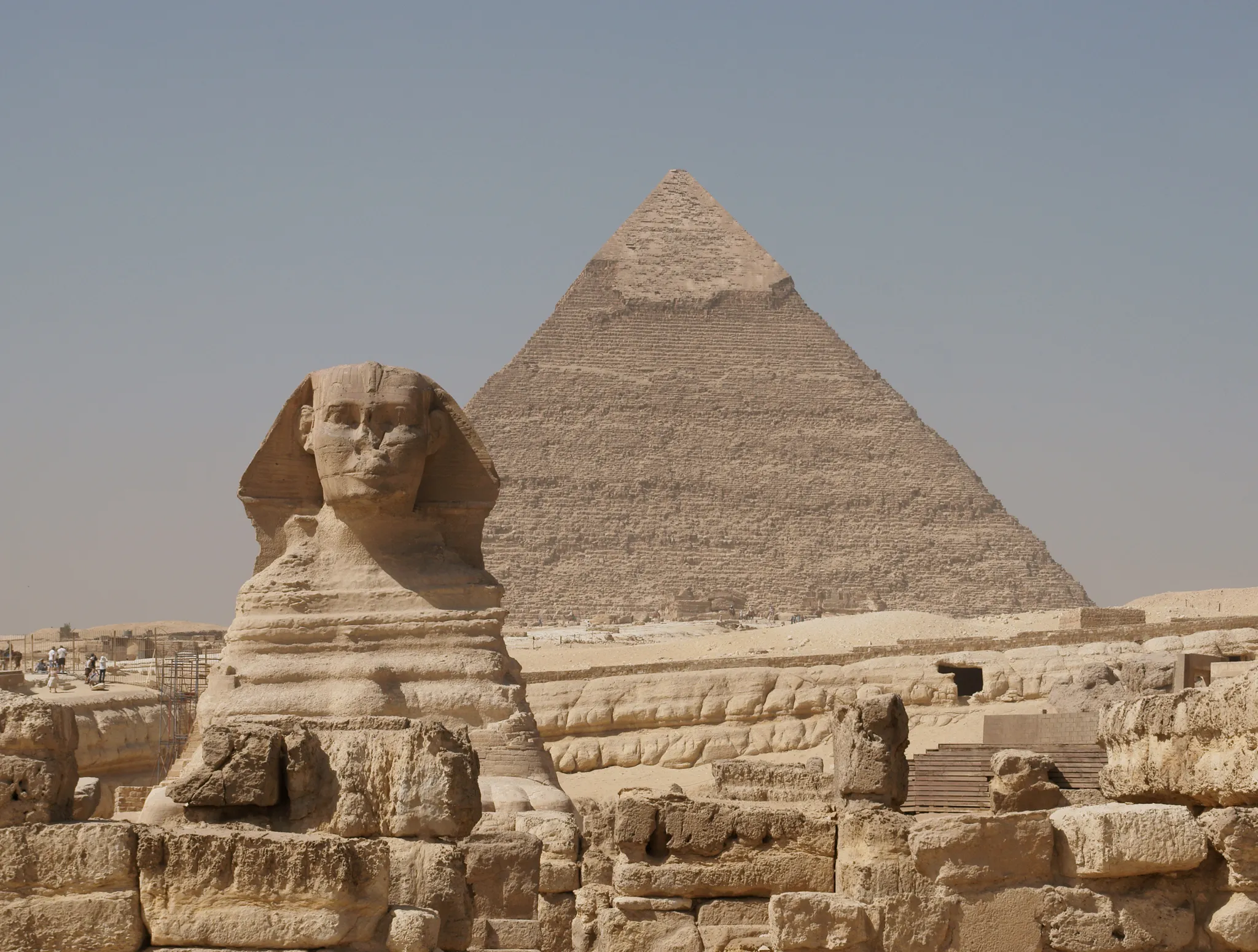 Real photo: The Great Sphinx at Giza, with Khafre's pyramid rising behind it.