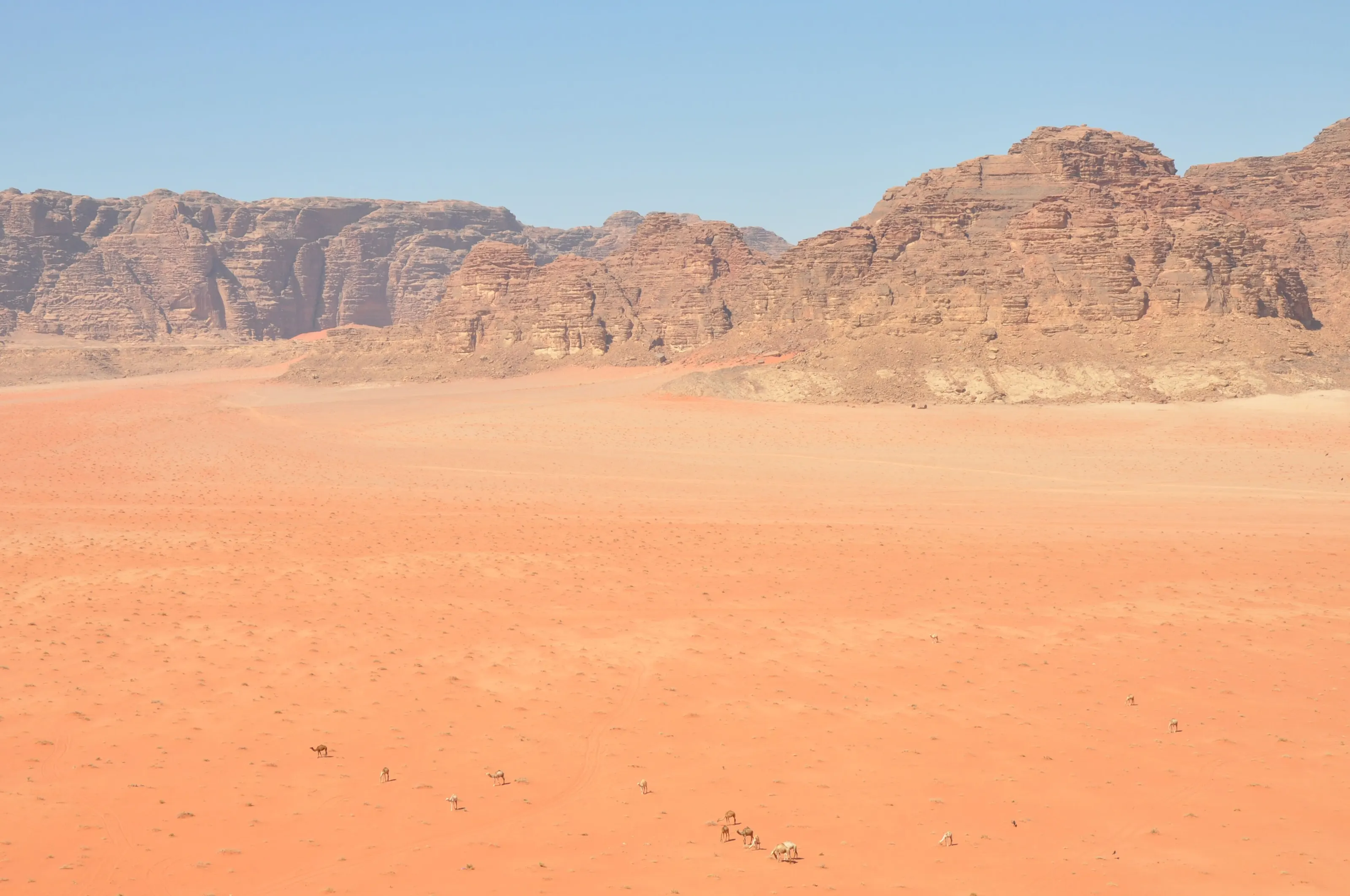 Real photo: Red dunes and sandstone mountains in Wadi Rum.